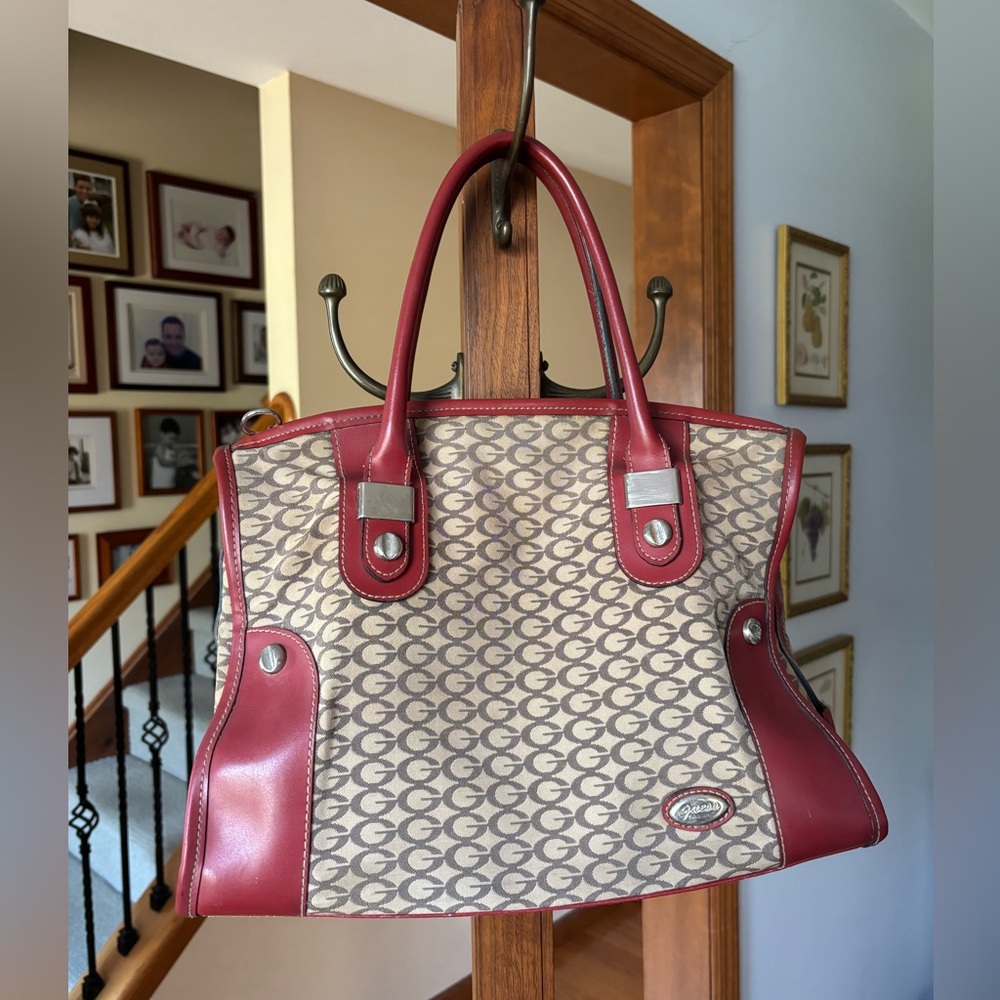 Vintage GUESS Monogram Satchel Bag Red & Tan 90s/Y2K Notting Hill Collection